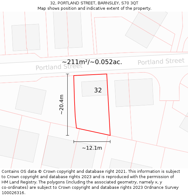 32, PORTLAND STREET, BARNSLEY, S70 3QT: Plot and title map