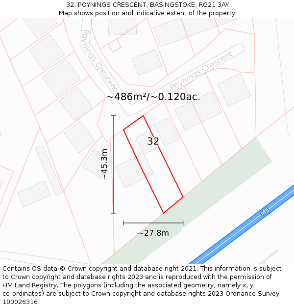 32, POYNINGS CRESCENT, BASINGSTOKE, RG21 3AY: Plot and title map