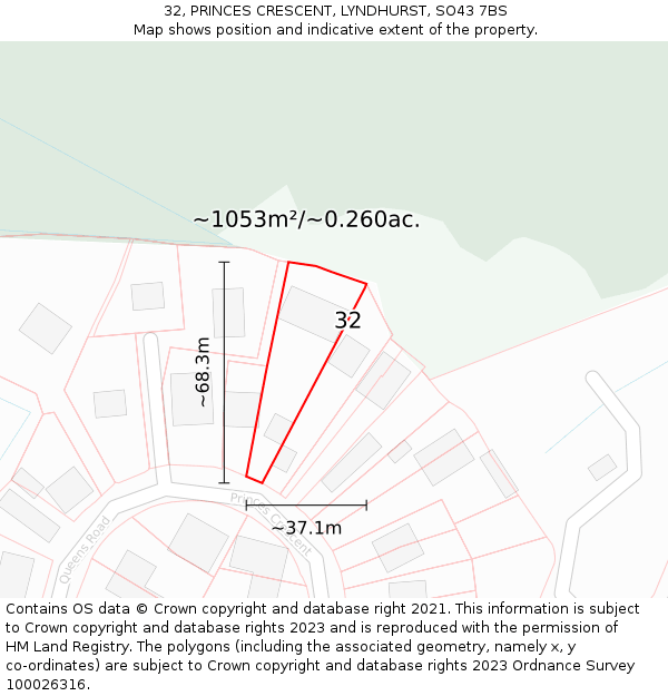 32, PRINCES CRESCENT, LYNDHURST, SO43 7BS: Plot and title map