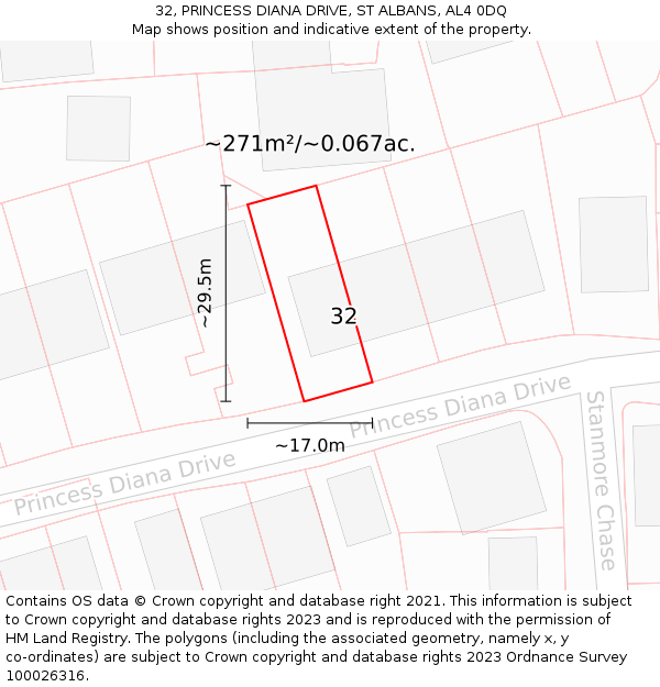 32, PRINCESS DIANA DRIVE, ST ALBANS, AL4 0DQ: Plot and title map