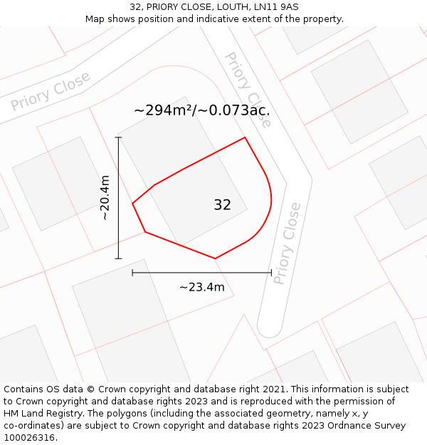 32, PRIORY CLOSE, LOUTH, LN11 9AS: Plot and title map