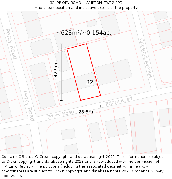 32, PRIORY ROAD, HAMPTON, TW12 2PD: Plot and title map