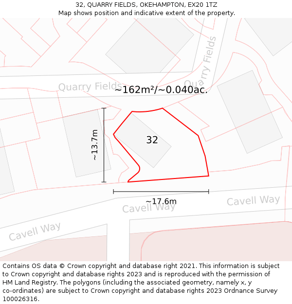 32, QUARRY FIELDS, OKEHAMPTON, EX20 1TZ: Plot and title map