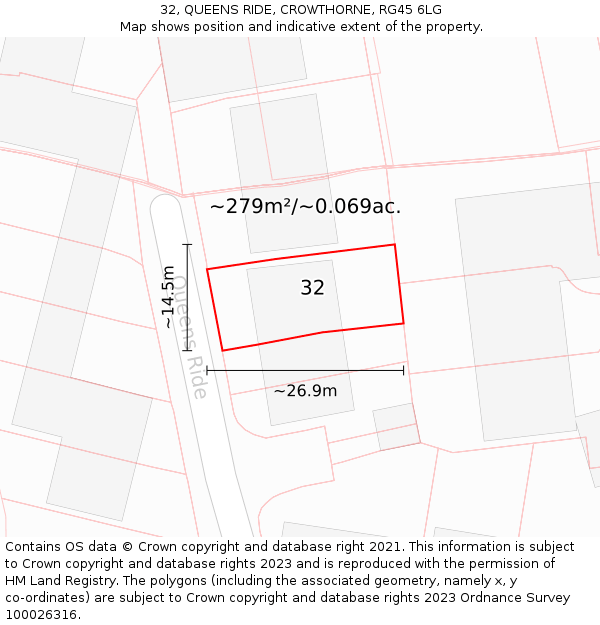 32, QUEENS RIDE, CROWTHORNE, RG45 6LG: Plot and title map