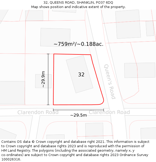 32, QUEENS ROAD, SHANKLIN, PO37 6DQ: Plot and title map