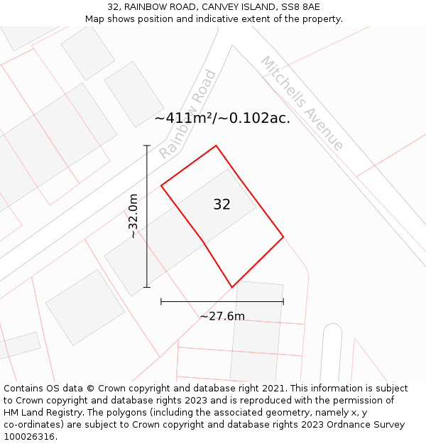 32, RAINBOW ROAD, CANVEY ISLAND, SS8 8AE: Plot and title map