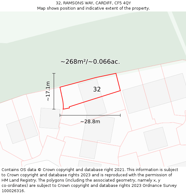 32, RAMSONS WAY, CARDIFF, CF5 4QY: Plot and title map