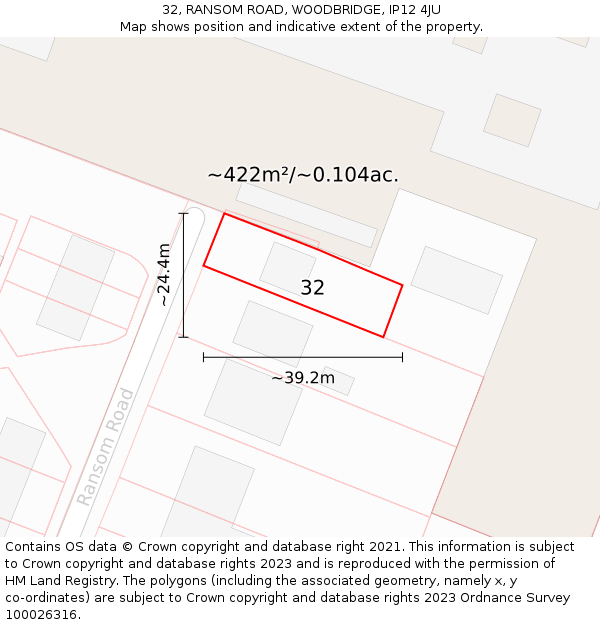 32, RANSOM ROAD, WOODBRIDGE, IP12 4JU: Plot and title map