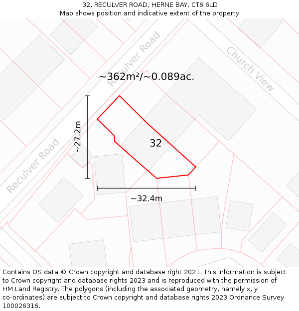 32, RECULVER ROAD, HERNE BAY, CT6 6LD: Plot and title map