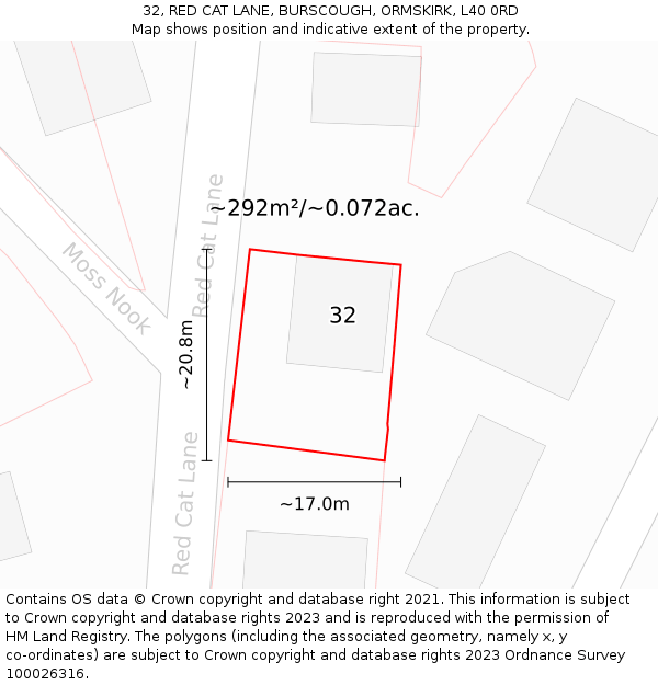 32, RED CAT LANE, BURSCOUGH, ORMSKIRK, L40 0RD: Plot and title map