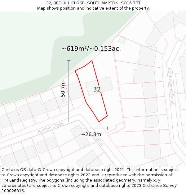 32, REDHILL CLOSE, SOUTHAMPTON, SO16 7BT: Plot and title map