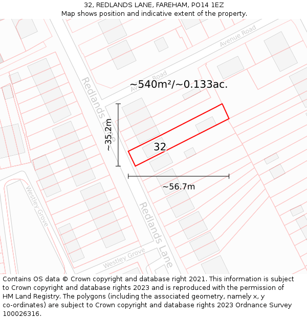 32, REDLANDS LANE, FAREHAM, PO14 1EZ: Plot and title map