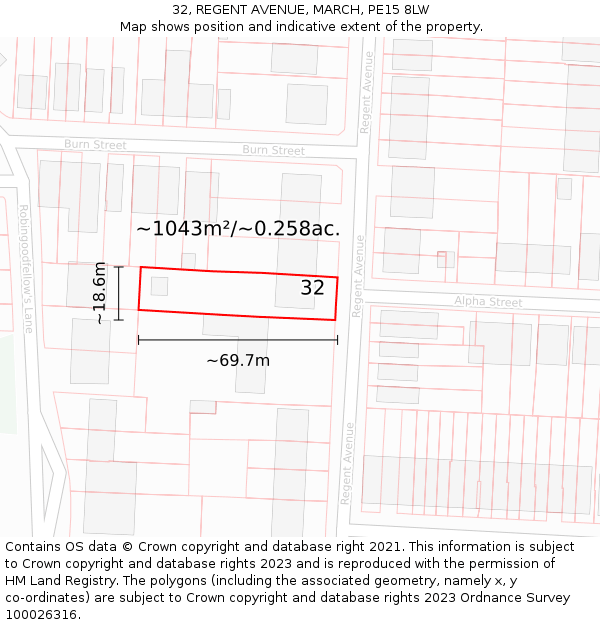 32, REGENT AVENUE, MARCH, PE15 8LW: Plot and title map