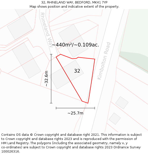 32, RHINELAND WAY, BEDFORD, MK41 7YP: Plot and title map