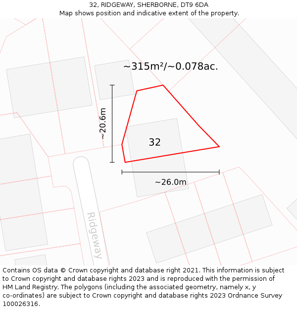 32, RIDGEWAY, SHERBORNE, DT9 6DA: Plot and title map