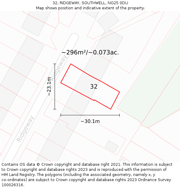 32, RIDGEWAY, SOUTHWELL, NG25 0DU: Plot and title map