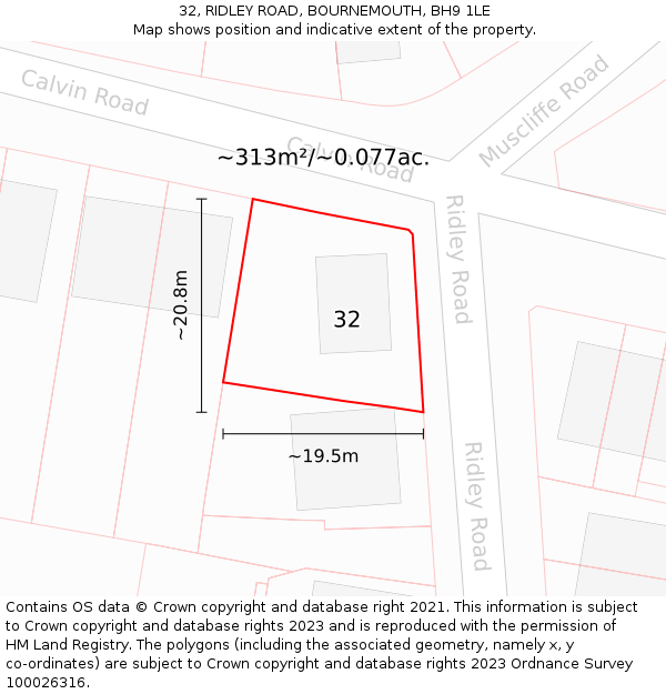 32, RIDLEY ROAD, BOURNEMOUTH, BH9 1LE: Plot and title map