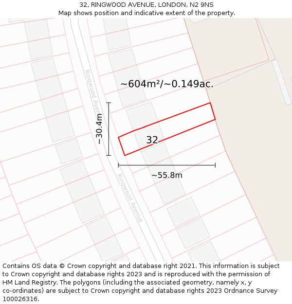 32, RINGWOOD AVENUE, LONDON, N2 9NS: Plot and title map