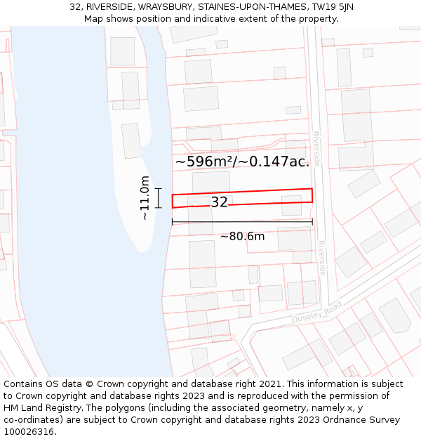 32, RIVERSIDE, WRAYSBURY, STAINES-UPON-THAMES, TW19 5JN: Plot and title map