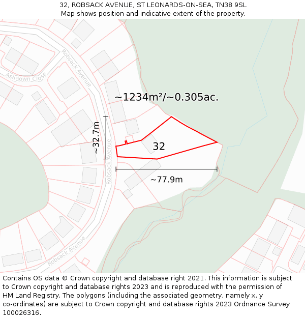 32, ROBSACK AVENUE, ST LEONARDS-ON-SEA, TN38 9SL: Plot and title map