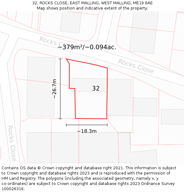 32, ROCKS CLOSE, EAST MALLING, WEST MALLING, ME19 6AE: Plot and title map