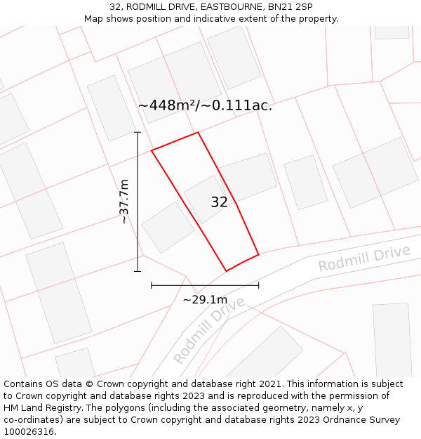 32, RODMILL DRIVE, EASTBOURNE, BN21 2SP: Plot and title map