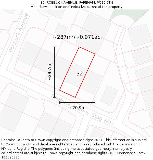 32, ROEBUCK AVENUE, FAREHAM, PO15 6TN: Plot and title map