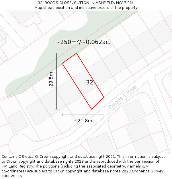 32, ROODS CLOSE, SUTTON-IN-ASHFIELD, NG17 1NL: Plot and title map