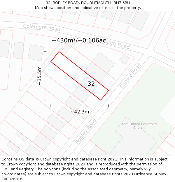 32, ROPLEY ROAD, BOURNEMOUTH, BH7 6RU: Plot and title map