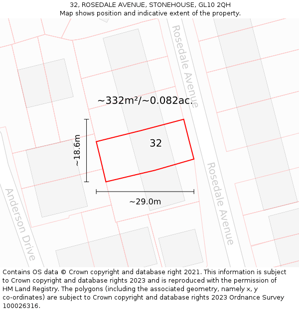 32, ROSEDALE AVENUE, STONEHOUSE, GL10 2QH: Plot and title map