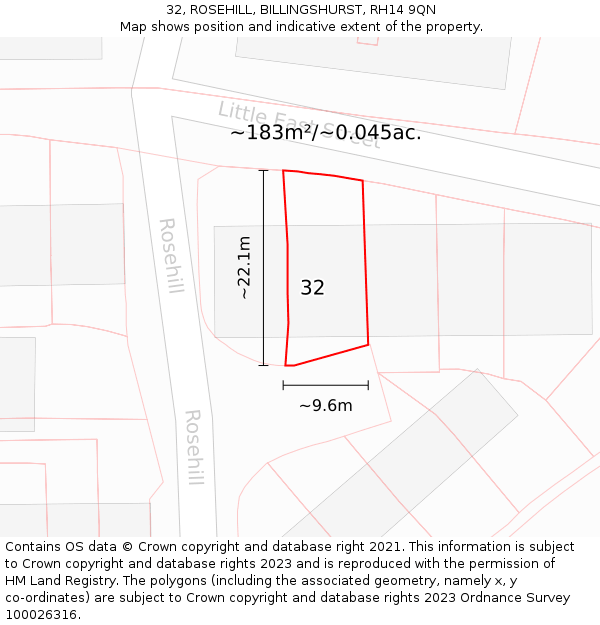 32, ROSEHILL, BILLINGSHURST, RH14 9QN: Plot and title map