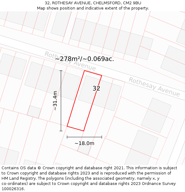 32, ROTHESAY AVENUE, CHELMSFORD, CM2 9BU: Plot and title map