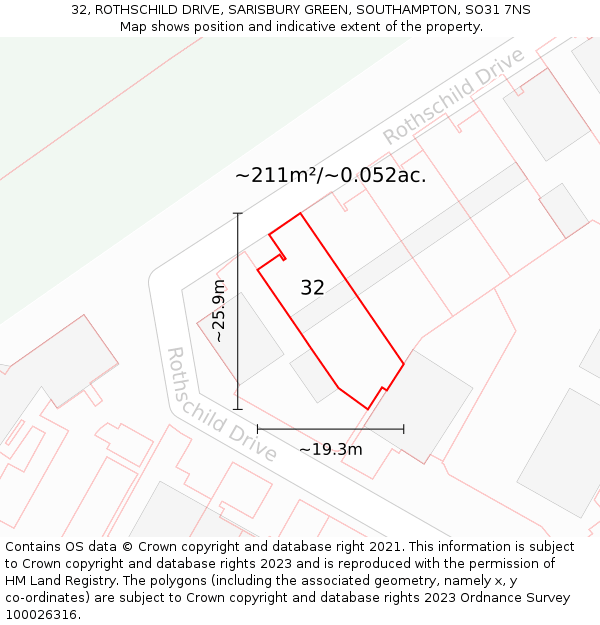32, ROTHSCHILD DRIVE, SARISBURY GREEN, SOUTHAMPTON, SO31 7NS: Plot and title map