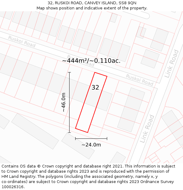 32, RUSKOI ROAD, CANVEY ISLAND, SS8 9QN: Plot and title map