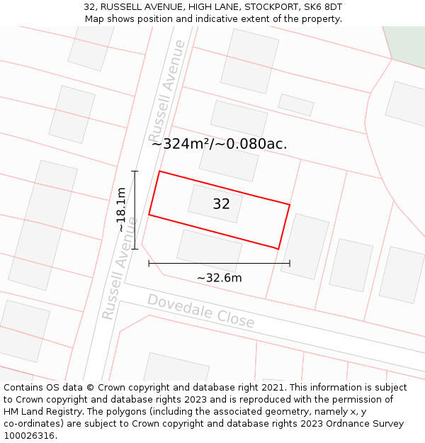 32, RUSSELL AVENUE, HIGH LANE, STOCKPORT, SK6 8DT: Plot and title map