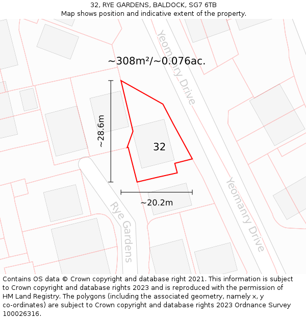 32, RYE GARDENS, BALDOCK, SG7 6TB: Plot and title map