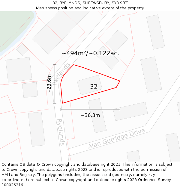 32, RYELANDS, SHREWSBURY, SY3 9BZ: Plot and title map