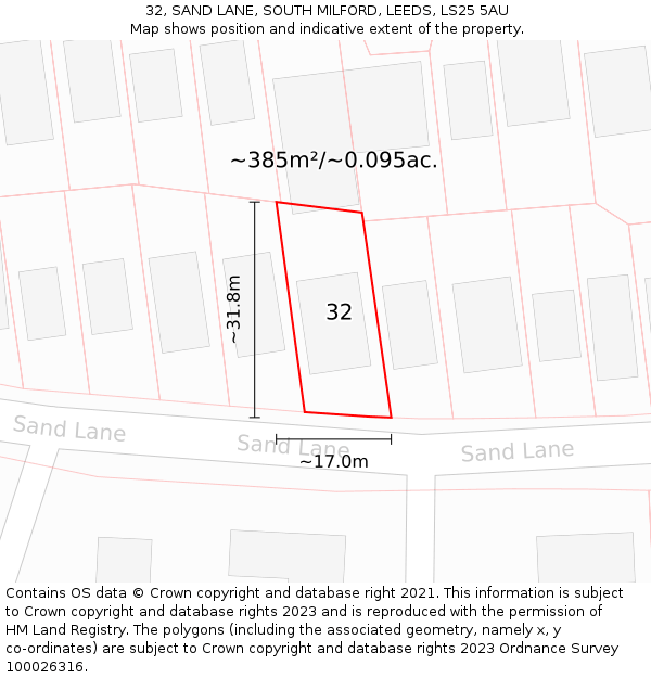 32, SAND LANE, SOUTH MILFORD, LEEDS, LS25 5AU: Plot and title map