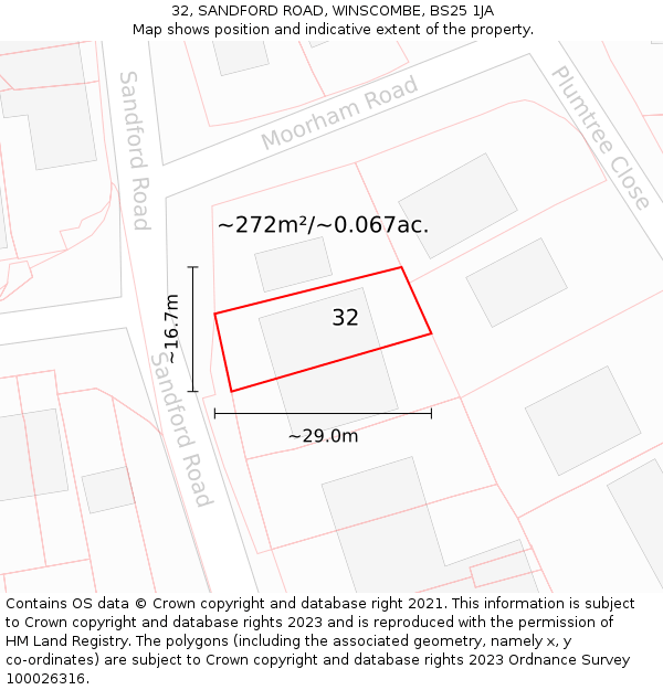 32, SANDFORD ROAD, WINSCOMBE, BS25 1JA: Plot and title map