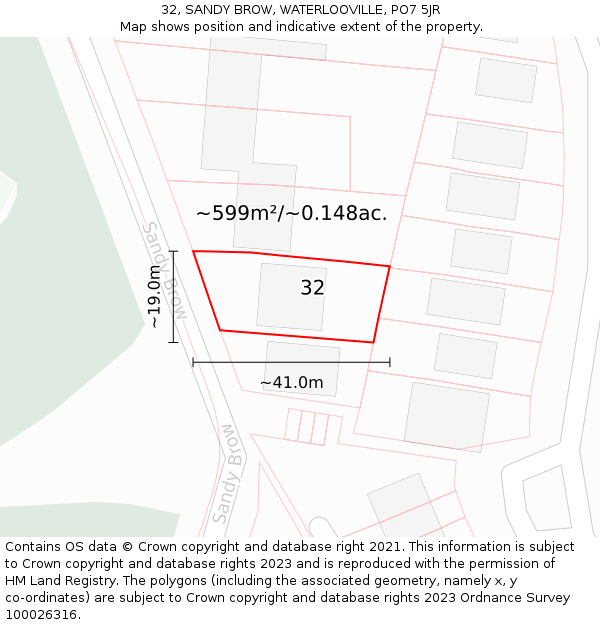 32, SANDY BROW, WATERLOOVILLE, PO7 5JR: Plot and title map