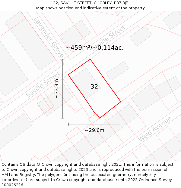 32, SAVILLE STREET, CHORLEY, PR7 3JB: Plot and title map