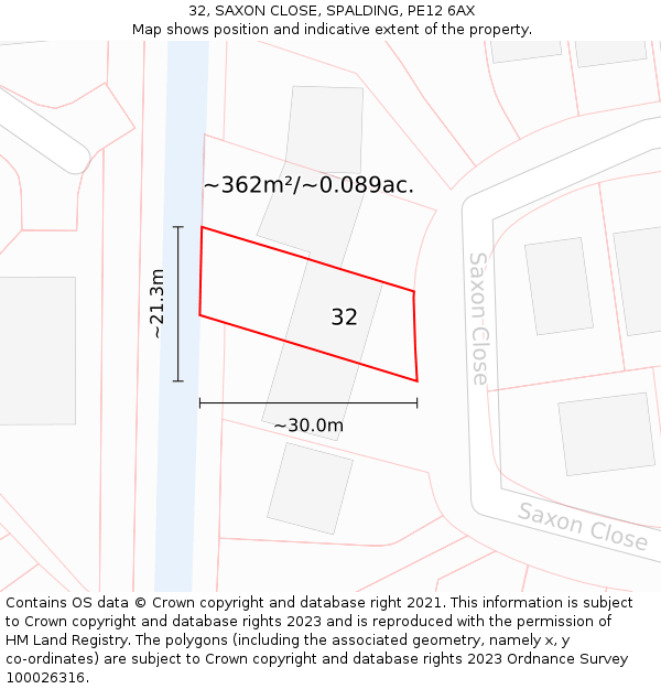 32, SAXON CLOSE, SPALDING, PE12 6AX: Plot and title map