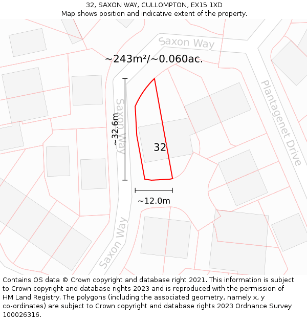 32, SAXON WAY, CULLOMPTON, EX15 1XD: Plot and title map