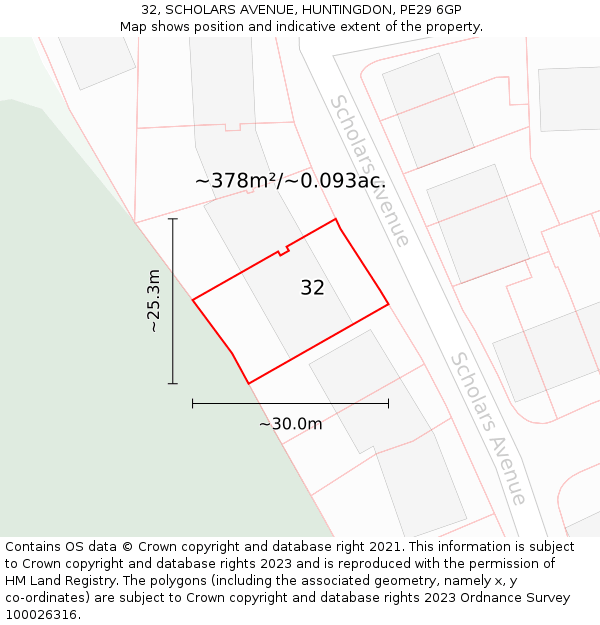 32, SCHOLARS AVENUE, HUNTINGDON, PE29 6GP: Plot and title map