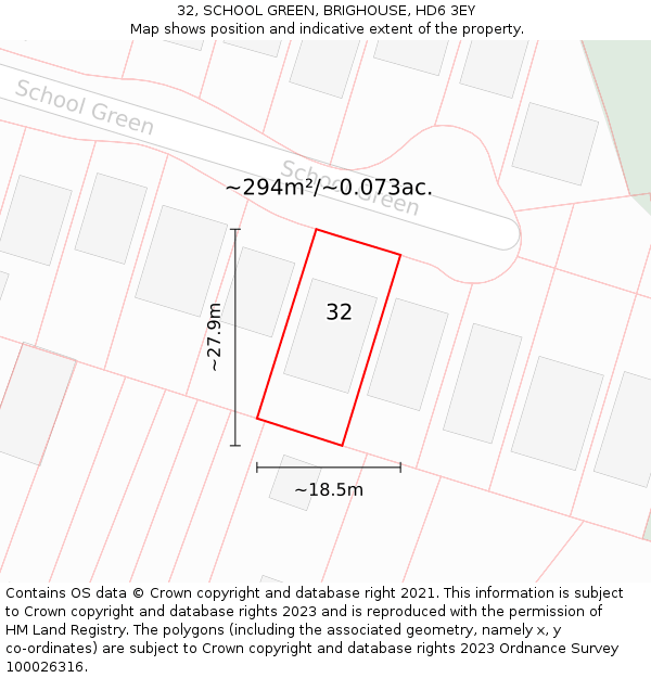32, SCHOOL GREEN, BRIGHOUSE, HD6 3EY: Plot and title map