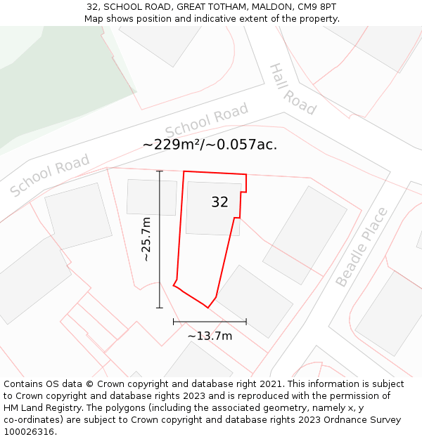 32, SCHOOL ROAD, GREAT TOTHAM, MALDON, CM9 8PT: Plot and title map