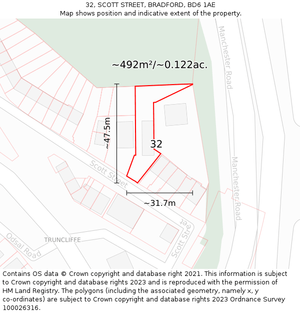 32, SCOTT STREET, BRADFORD, BD6 1AE: Plot and title map