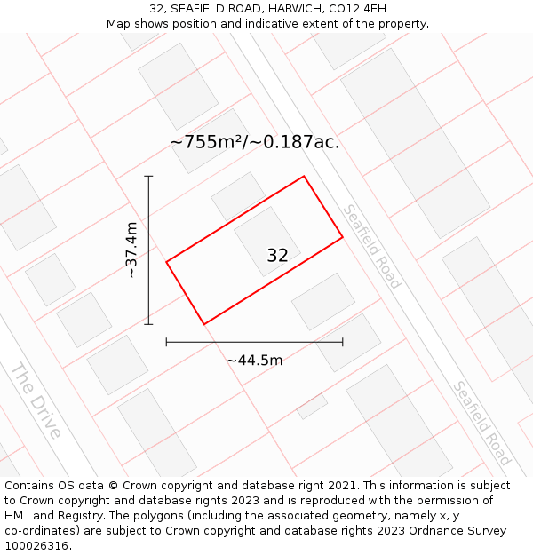 32, SEAFIELD ROAD, HARWICH, CO12 4EH: Plot and title map