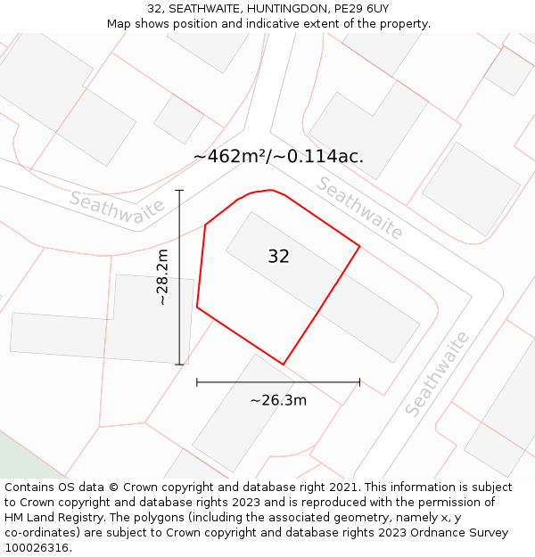 32, SEATHWAITE, HUNTINGDON, PE29 6UY: Plot and title map