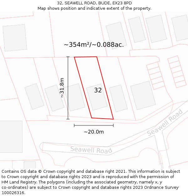 32, SEAWELL ROAD, BUDE, EX23 8PD: Plot and title map